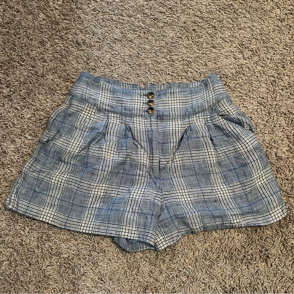 VERONICA BEARD Alicia Windowpane Plaid 100% Linen Shorts Pleated Blue Multi Sz6 - Picture 6 of 15